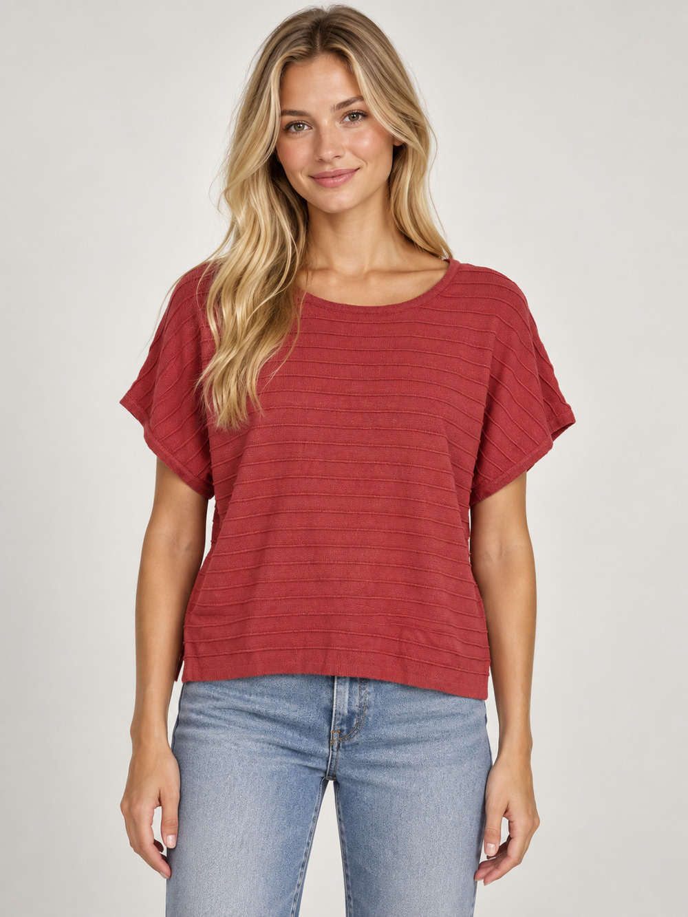 2/$30 T Tahari Coral Red Textured Short Sleeve Sweater XL #A6070